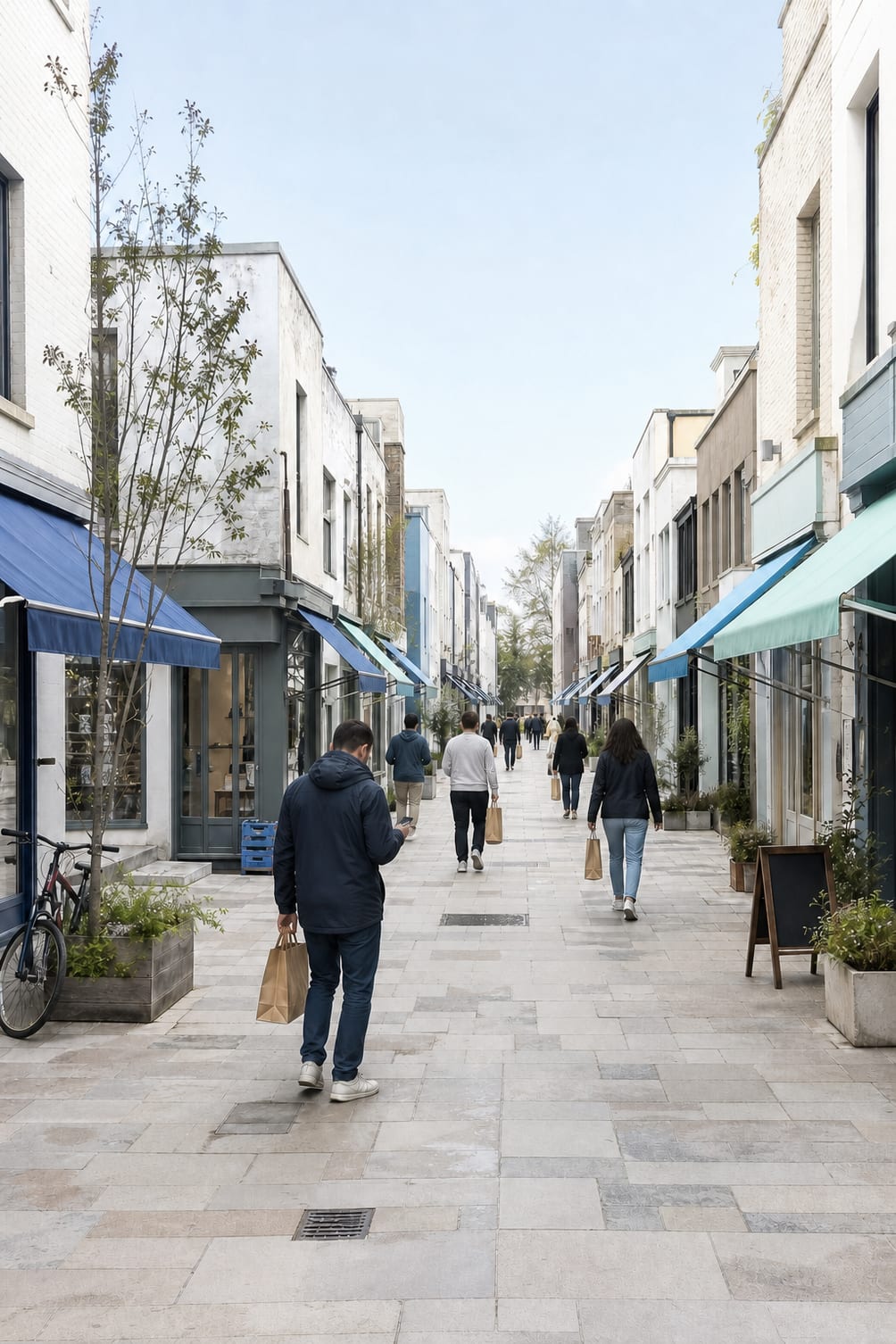 Shoppers with bags walk a pedestrian street lined with many small independent shops, each under its own awning