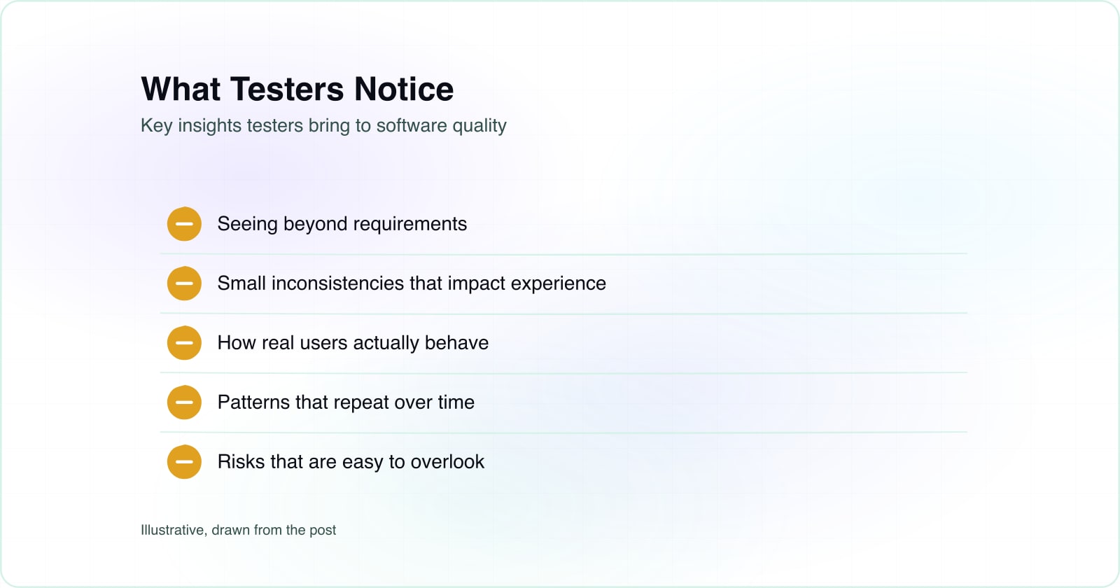 A checklist of seven key insights testers bring: beyond requirements, inconsistencies, user behavior, patterns, risks, quality gaps, and product impact.