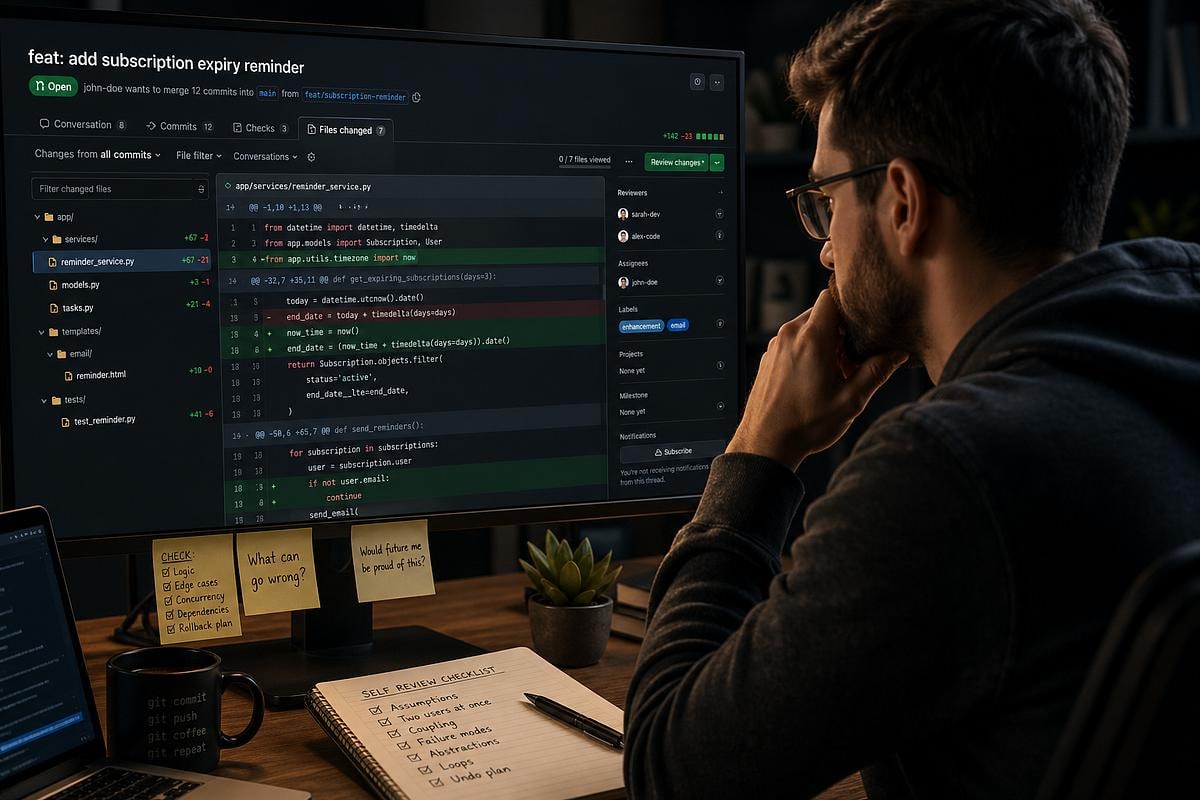 Illustration of a developer reviewing a pull request diff titled feat: add subscription expiry reminder, with sticky notes reading CHECK: logic, edge cases, concurrency, dependencies, rollback plan, What can go wrong?, and Would future me be proud of this?, beside a notebook headed Self review checklist.