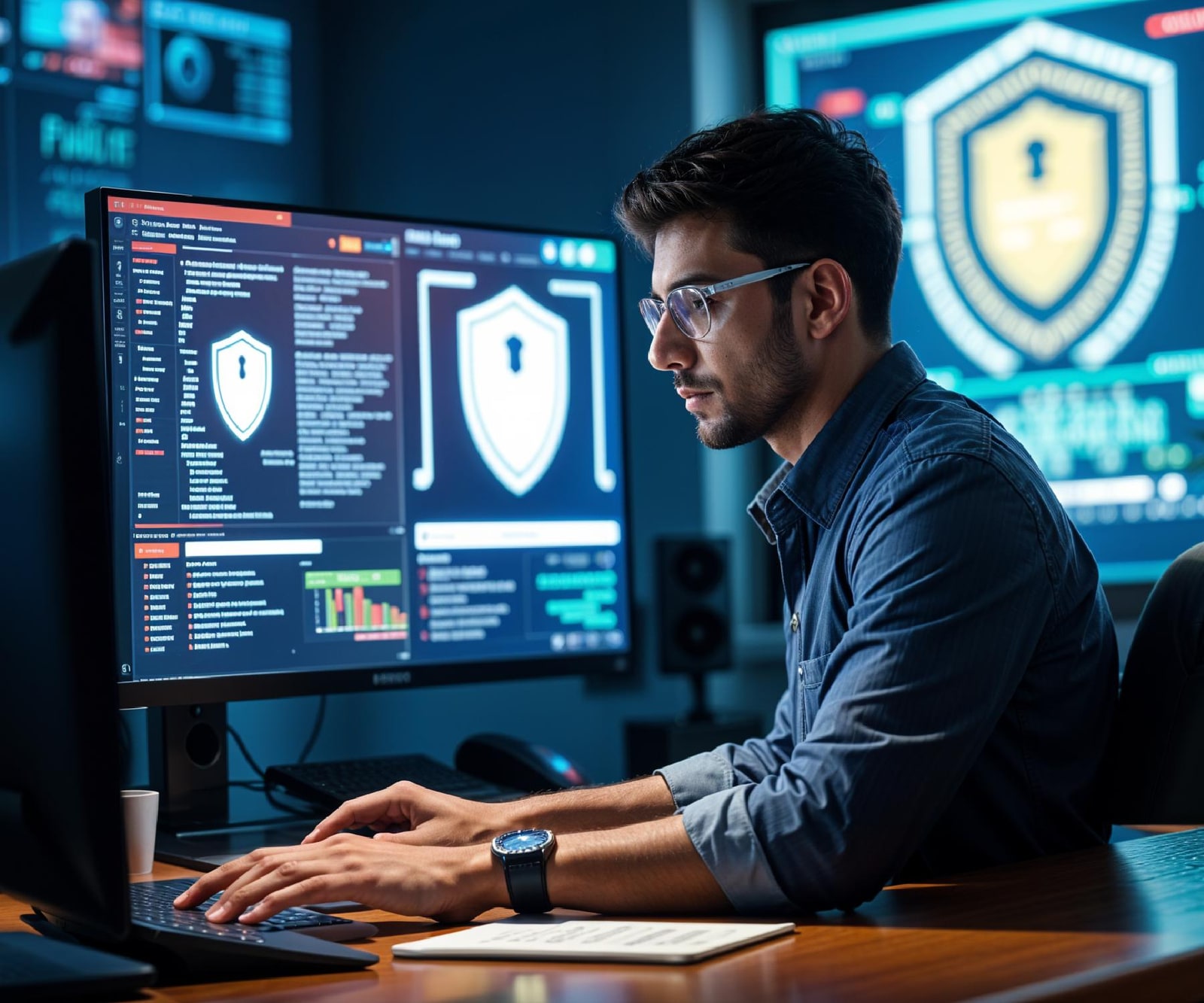 Illustration of a developer typing at a desk in front of a monitor showing a security dashboard with a shield and keyhole icon and a bar chart, with a larger shield graphic on a screen behind him.
