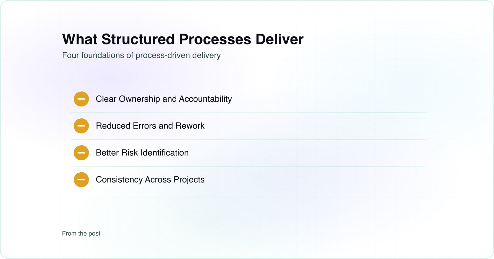 Four key benefits: clear ownership, fewer errors, early risk detection, consistent outcomes.