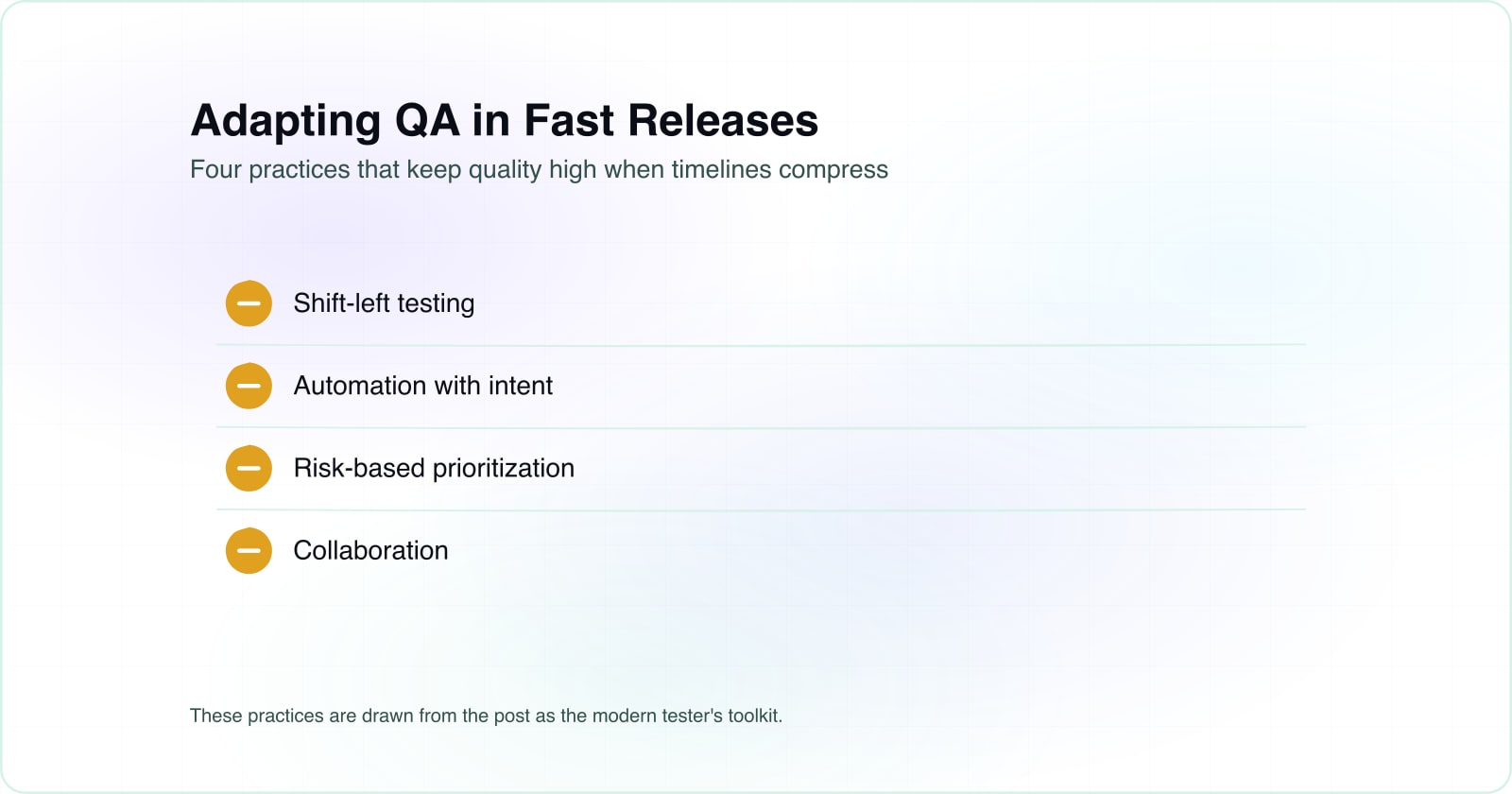 A checklist of four key practices: shift-left testing, automation with intent, risk-based prioritization, and collaboration.