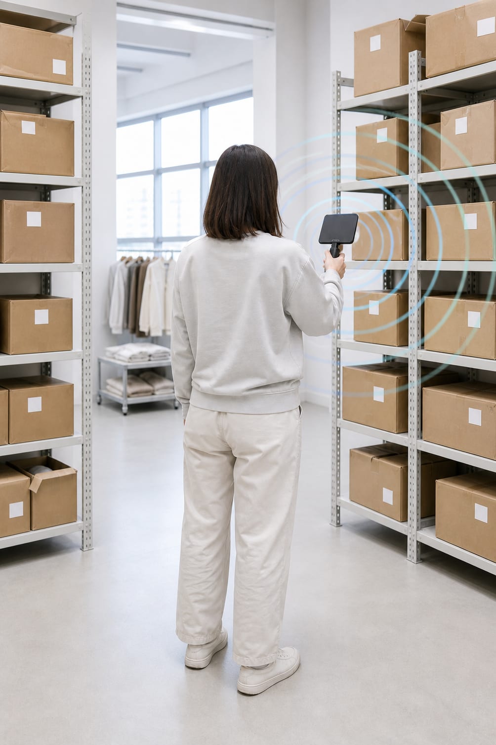 A stockroom worker holds an RFID reader toward shelving, taking one wireless read of several tagged cartons at once