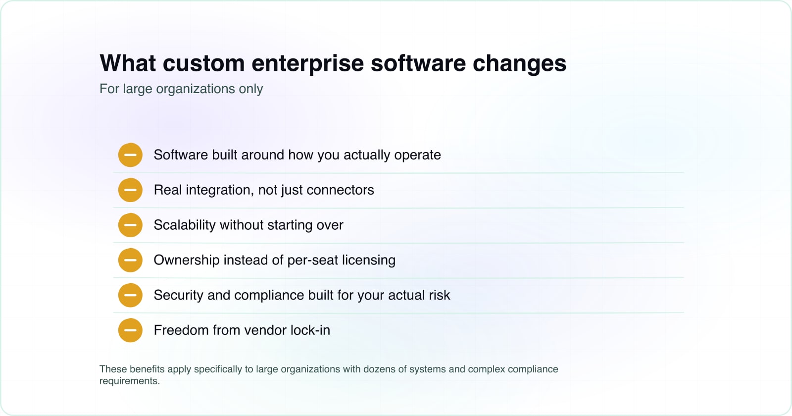 A list of ten benefits custom software provides for large organizations, drawn as a hand-sketched checklist card for the post.