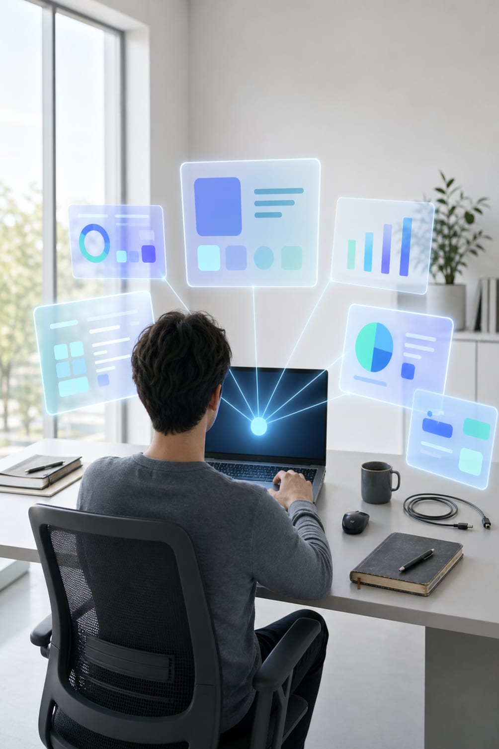 An office worker signs in once at a laptop and six separate application windows open around them at the same moment