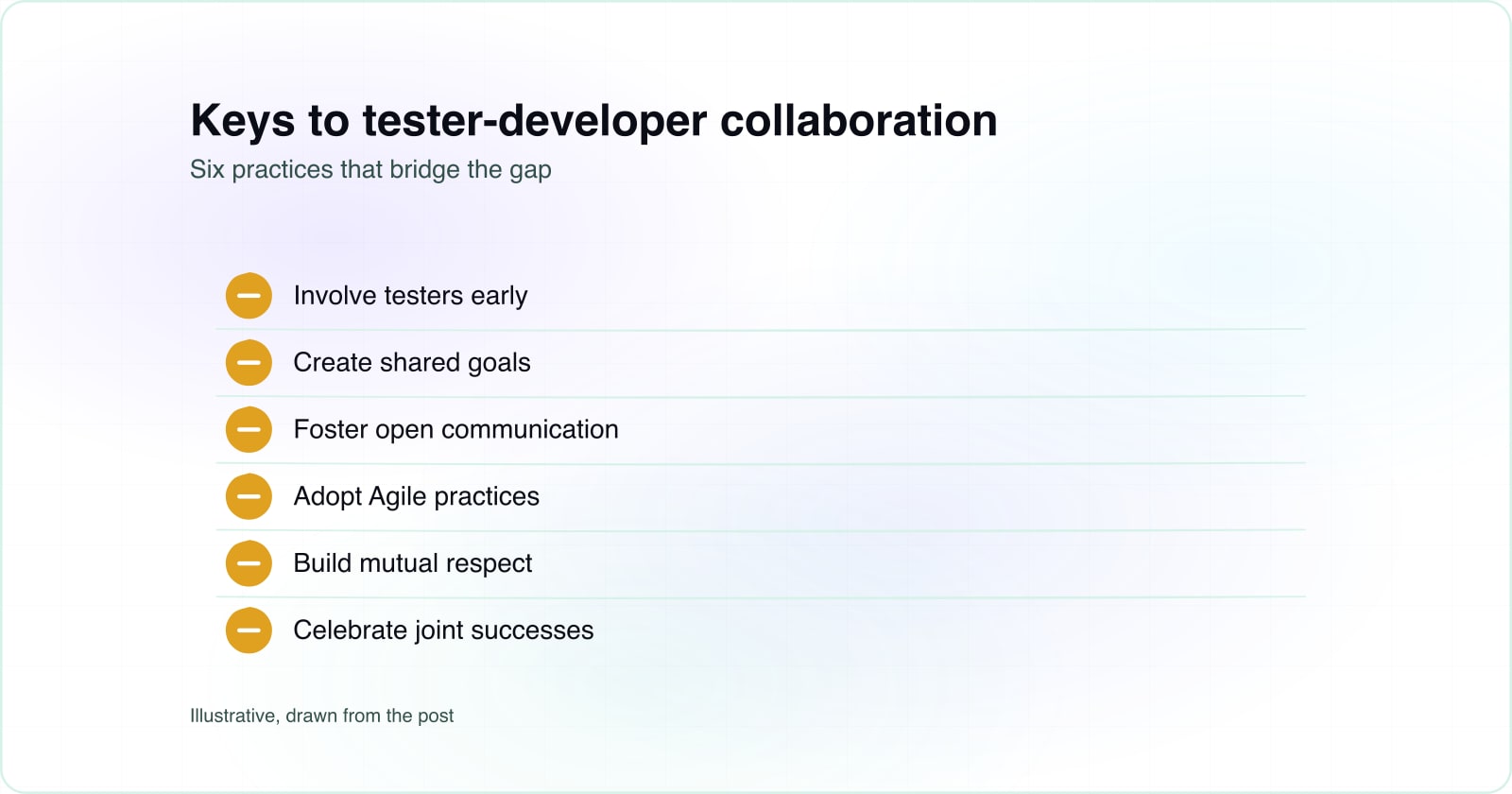 A checklist showing six keys to effective collaboration between testing and development teams.