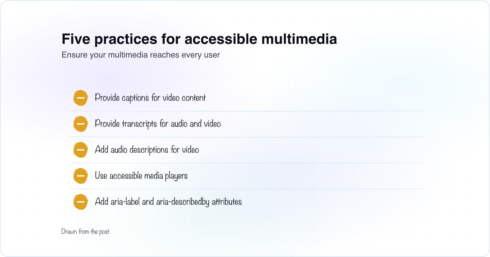 Five essential practices for creating accessible multimedia content: captions, transcripts, audio descriptions, accessible players, and ARIA attributes.