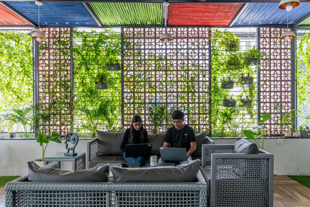 Two colleagues work on laptops on a terrace sofa in front of a planted screen wall